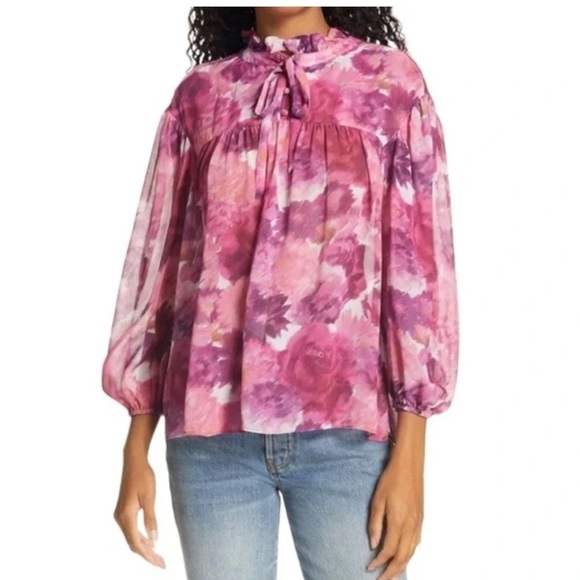 LoveShackFancy Tops - LoveShackFancy Gamela Blouse Top Tie Neck Silk Pre-dawn Sky Pink Medium